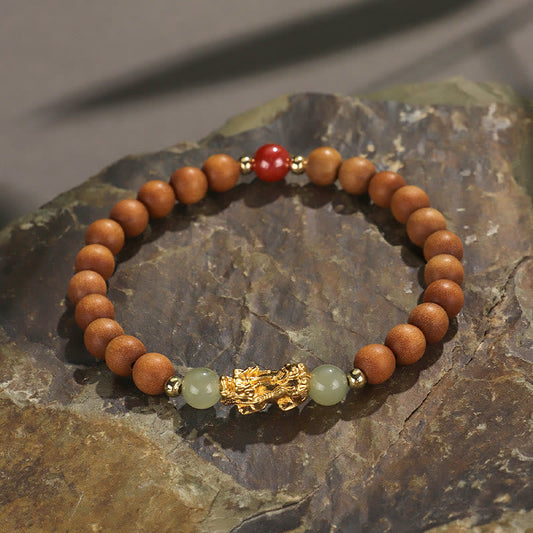 Buddhist Blessing 999 Sterling Silver Sandalwood Ebony Wood Small Leaf Red Sandalwood Hetian Jade Cinnabar PiXiu Wealth Bracelet
