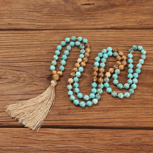 Buddha Stones 108 Mala Beads Turquoise Picture Jasper Wisdom Tassel Bracelet