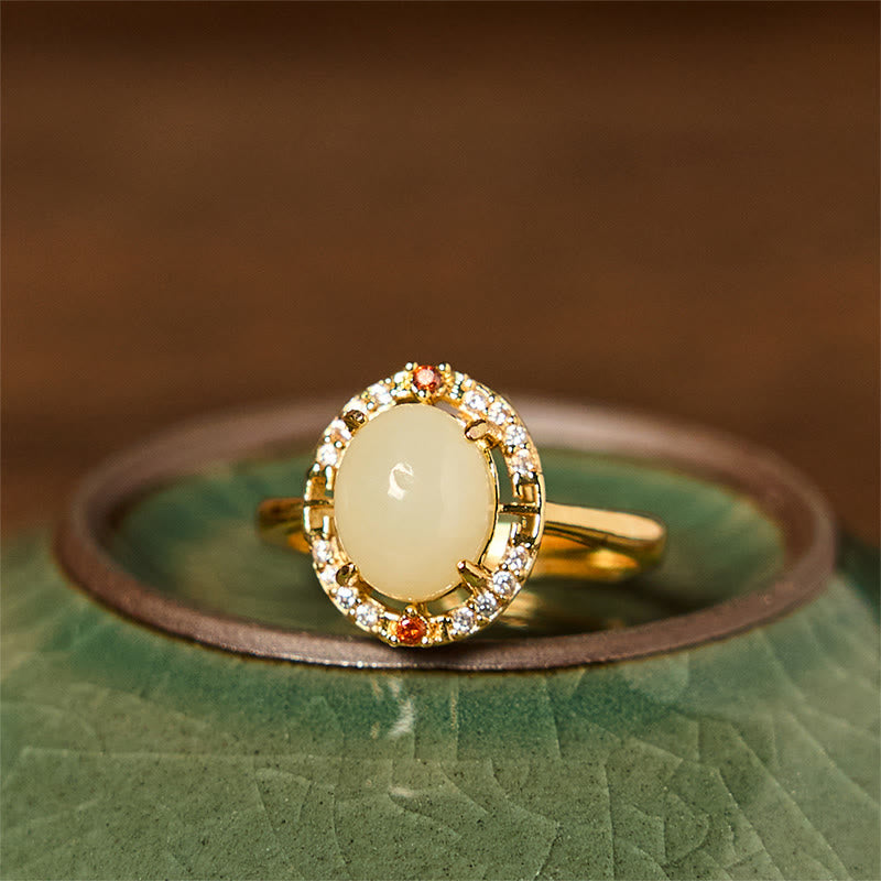 Buddhist Blessing Natural Hetian Jade Zirconia Egg Copper Open Luck Ring