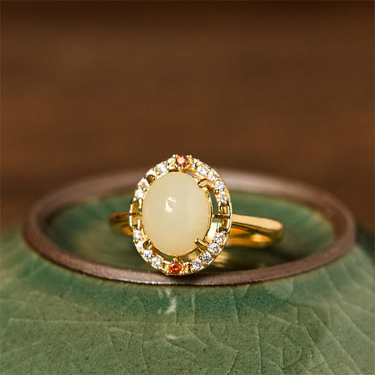 Buddhist Blessing Natural Hetian Jade Zirconia Egg Copper Open Luck Ring