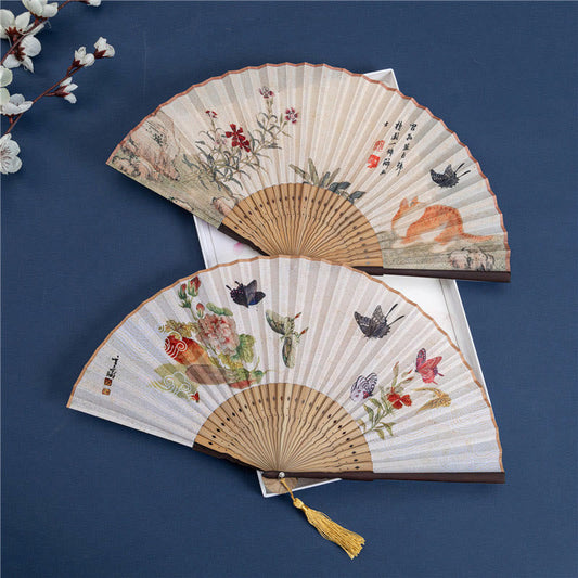 Buddhist Blessing Butterfly Orchid Cat Handheld Cotton Linen Bamboo Folding Fan 22cm