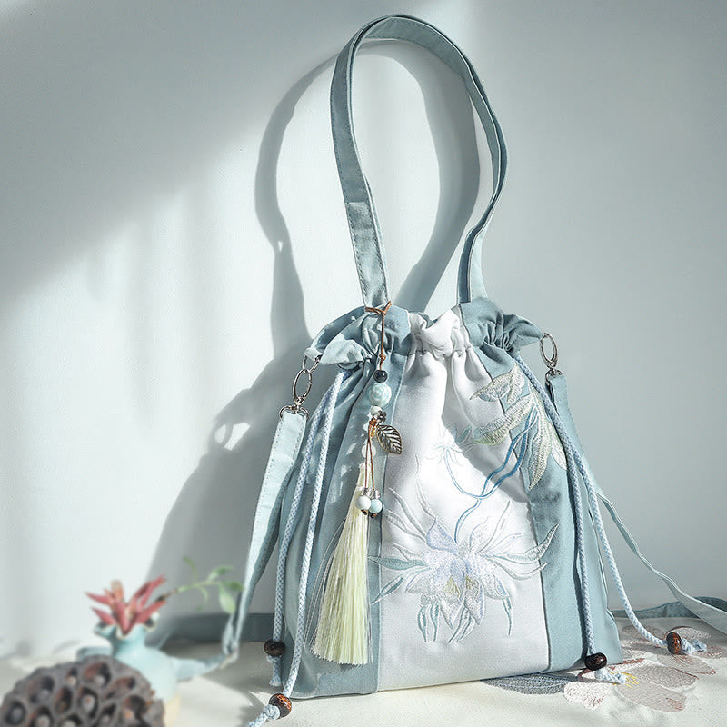 Buddhist Blessing Embroidered Green Pear Blue Epiphyllum Canvas Tote Crossbody Bag Shoulder Bag Handbag