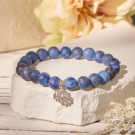 Buddhist Blessing 925 Sterling Silver Lotus Design Natural Sodalite Positive Beads Harmony Bracelet