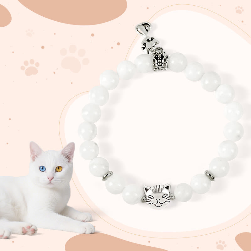 Buddhist Blessing White Cat Natural White Chalcedony Bead Positive Bracelet