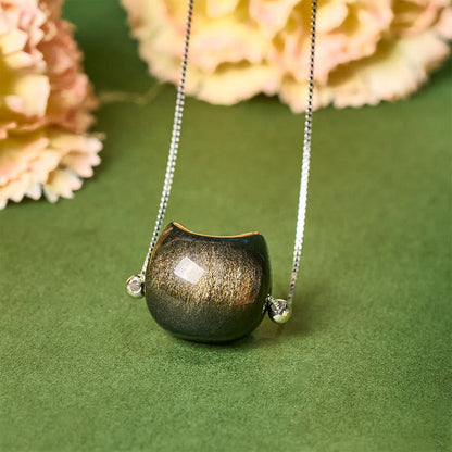 Buddhist Blessing 925 Sterling Silver Natural Silver Sheen Obsidian Gold Sheen Obsidian Cat Necklace
