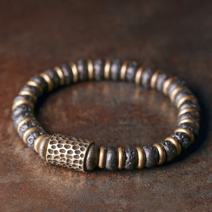 Buddhist Blessing Vintage Lava Rock Beads Calm Copper Bracelet