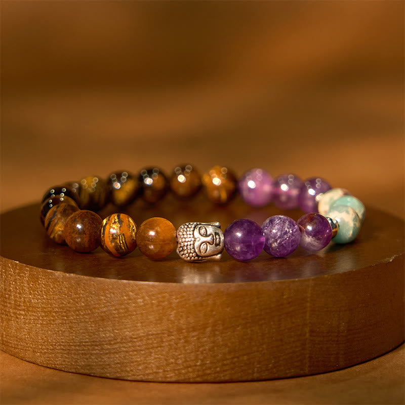 Buddhist Blessing Natural Black Onyx White Stone Green Aventurine Tiger Eye Agate Mixed Color Buddhist Blessing  Head Protection Bracelet