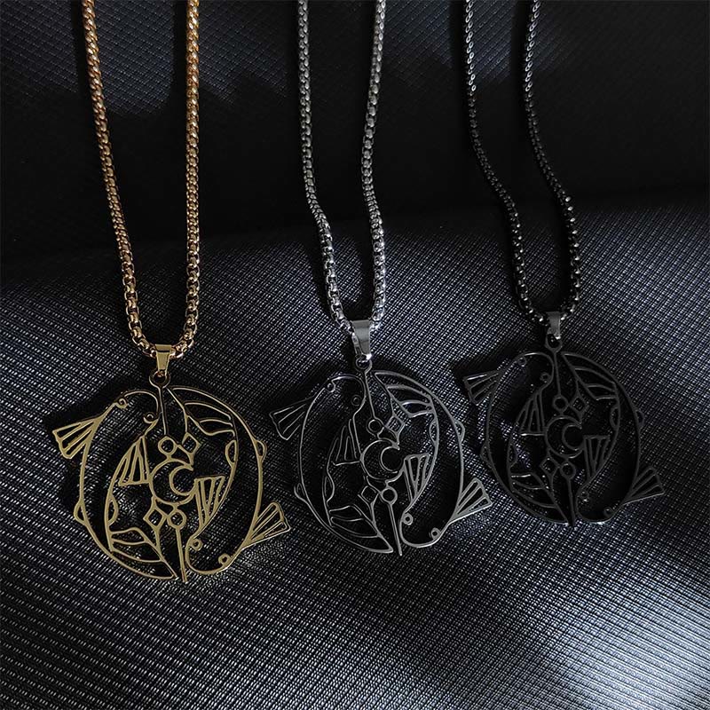 Buddhist Blessing Vintage Koi Fish Hollow Design Stainless Steel Luck Necklace Pendant
