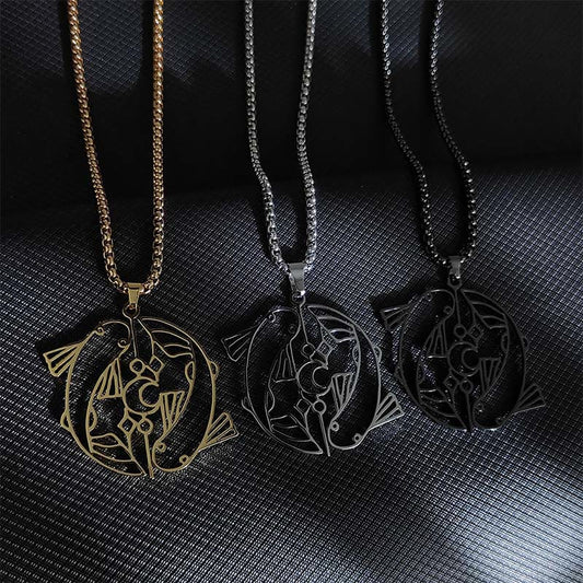 Buddhist Blessing Vintage Koi Fish Hollow Design Stainless Steel Luck Necklace Pendant