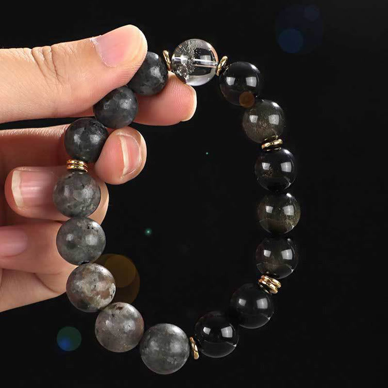 Buddhist Blessing 925 Sterling Silver Black Onyx Gold Sheen Obsidian Lava Rock Tiger Eye Six True Words Wealth Protection Bracelet