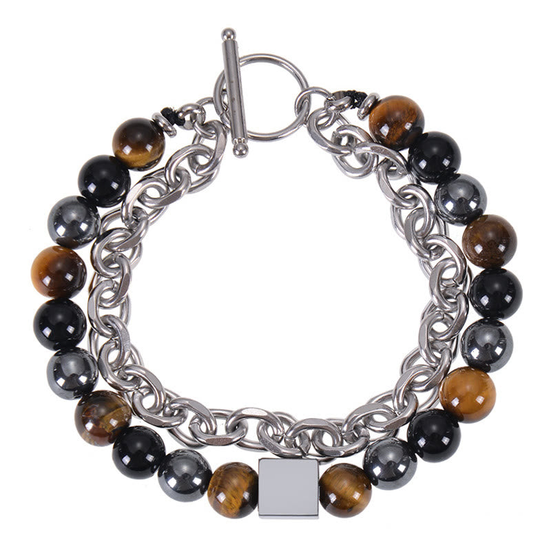 Buddhist Blessing Colorful Tiger Eye Frosted Stone Black Magnetite Titanium Steel Double Wrap Protection Bracelet