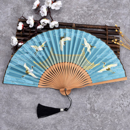 Buddhist Blessing Cranes Auspicious Clouds Solid Color Gradient Handheld Cotton Linen Fabric Bamboo Folding Fan