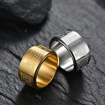 Buddhist Blessing Chinese Zodiac Natal Buddhist Blessing Heart Sutra Carved Titanium Steel Calm Rotatable Ring