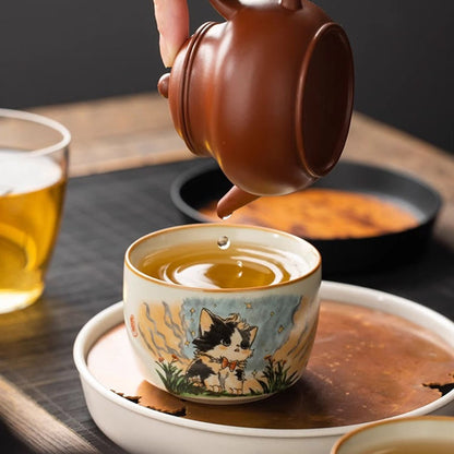 Buddhist Blessing Cute Bow Tie Cat Teacup Kung Fu Tea Cup