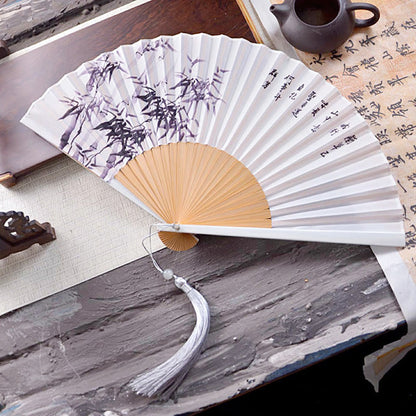 Buddhist Blessing Chinese Characters Ink Painting Lotus Flower Leaf Landscape Handheld Huayao Crepe Polyester Bamboo Folding Fan 23.3cm