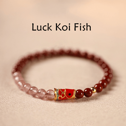 Buddhist Blessing Natural Cinnabar Pink Crystal Strawberry Quartz Lucky Koi Fish Blessing Bracelet