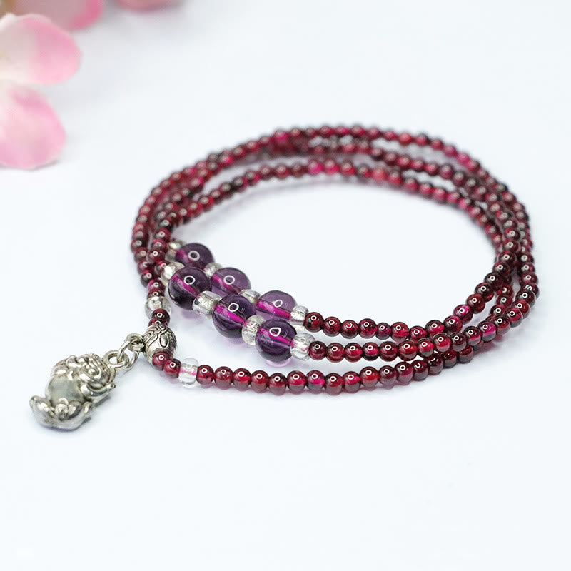 Buddhist Blessing Natural Garnet Elephant Abacus Lucky Bag PiXiu Protection Triple Wrap Bracelet
