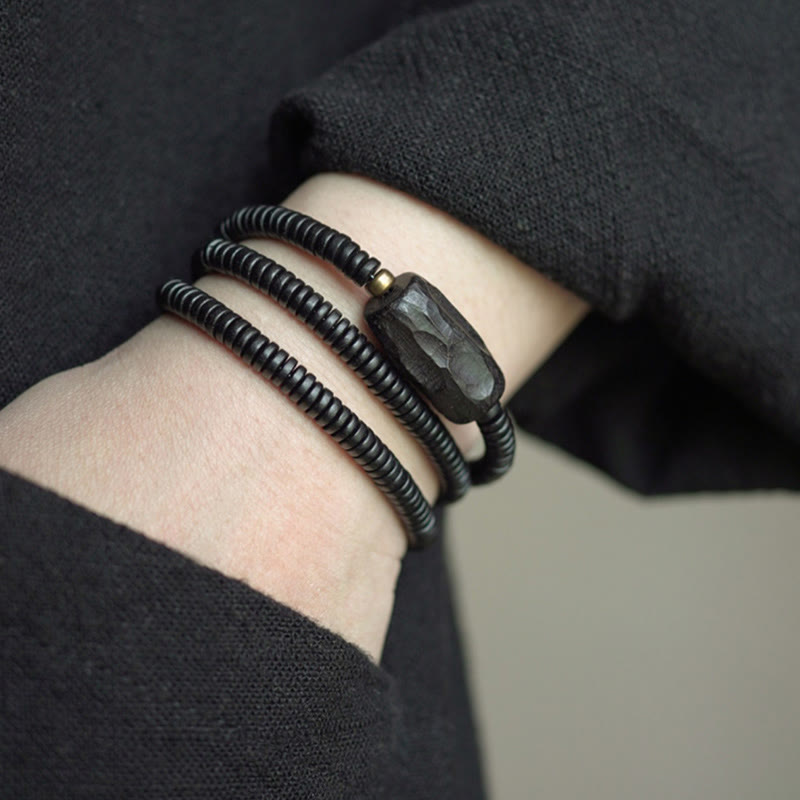 Buddhist Blessing Ebony Wood Copper Brass Balance Triple Wrap Bracelet