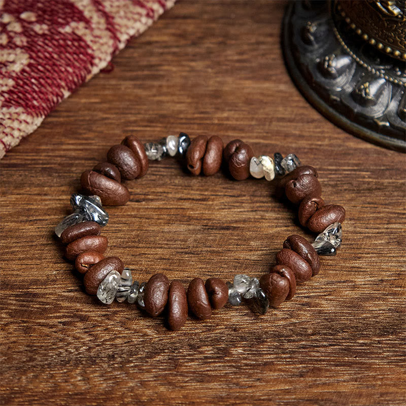 Buddhist Blessing Natural Coffee Beans Black Obsidian Rutilated Quartz Strength Bracelet