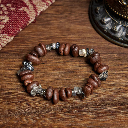 Buddhist Blessing Natural Coffee Beans Black Obsidian Rutilated Quartz Strength Bracelet