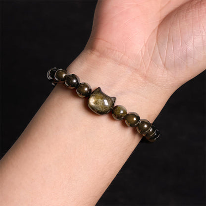 Buddhist Blessing Gold Sheen Obsidian Silver Sheen Obsidian Lovely Paw Lucky Cat Protection Bracelet