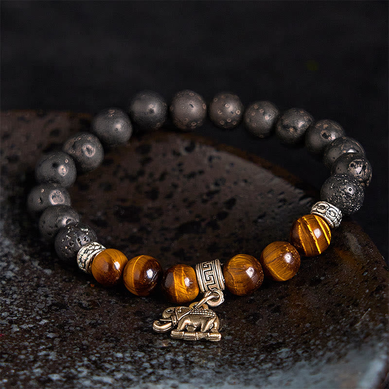 Buddhist Blessing Black Lava Rock Crystal Beads Animal Pattern Healing Bracelet