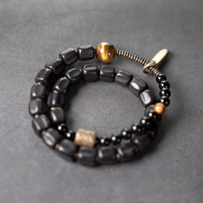 Buddhist Blessing Ebony Wood Copper Brass Tiger Eye Peace Double Wrap Bracelet