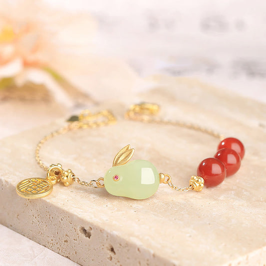 Buddhist Blessing Red Agate Beaded Hetian Jade Rabbit Fu Character Luck Buckle Chain Bracelet