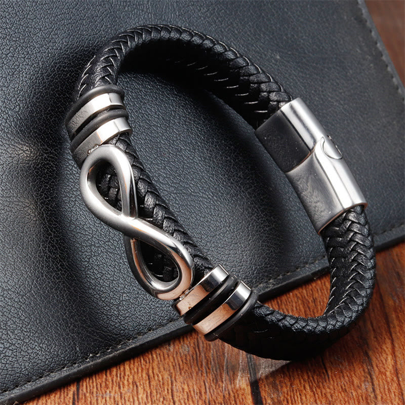 Buddhist Blessing Endless Knot Design Titanium Steel Strengthen Braided Leather Buckle Bracelet