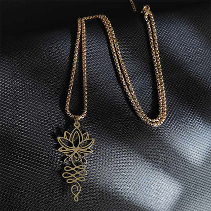 Buddhist Blessing Lotus Vines Design Chakra Symbol Stainless Steel Enlightenment Necklace Pendant