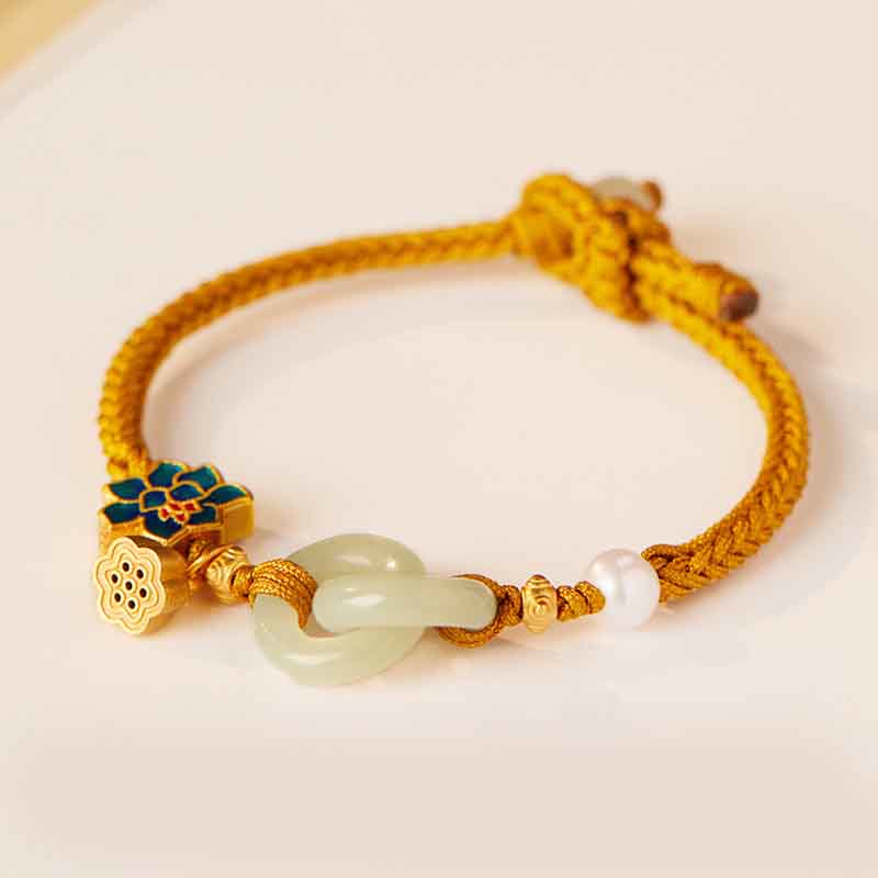 Buddhist Blessing Hetian Jade Lotus Peace Buckle Braided Rope Fortune Bracelet