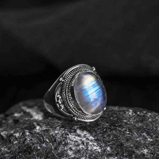 Buddhist Blessing 925 Sterling Silver Handmade Natural Moonstone Healing Adjustable Ring
