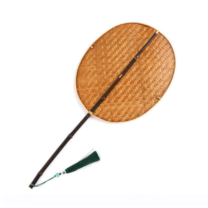 Buddhist Blessing Chinese Style Handmade Bamboo Woven Oval Round Banana Conical Shape Long Handle Fan
