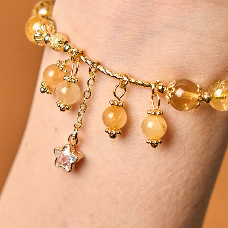 Buddhist Blessing Natural Colored Yellow Rutilated Quartz Four Leaf Clover Star Auspiciousness Bracelet