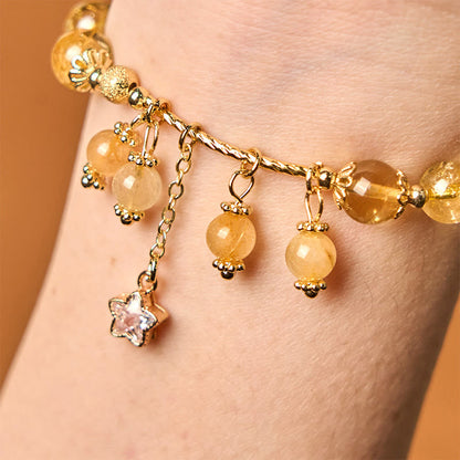 Buddhist Blessing Natural Colored Yellow Rutilated Quartz Four Leaf Clover Star Auspiciousness Bracelet