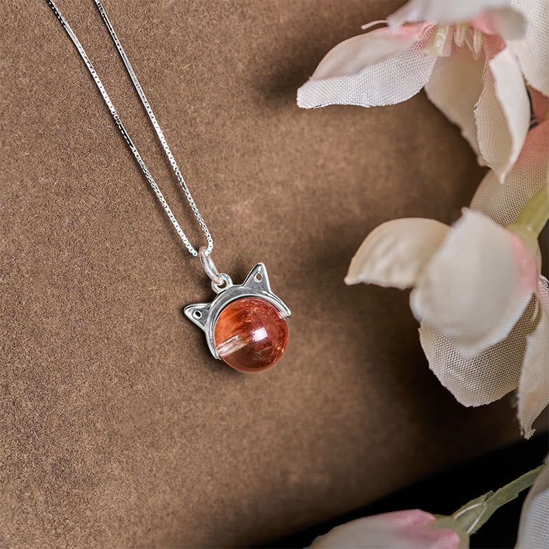 Buddhist Blessing 925 Sterling Silver Natural Red Super Seven Crystal Cat Necklace Pendant