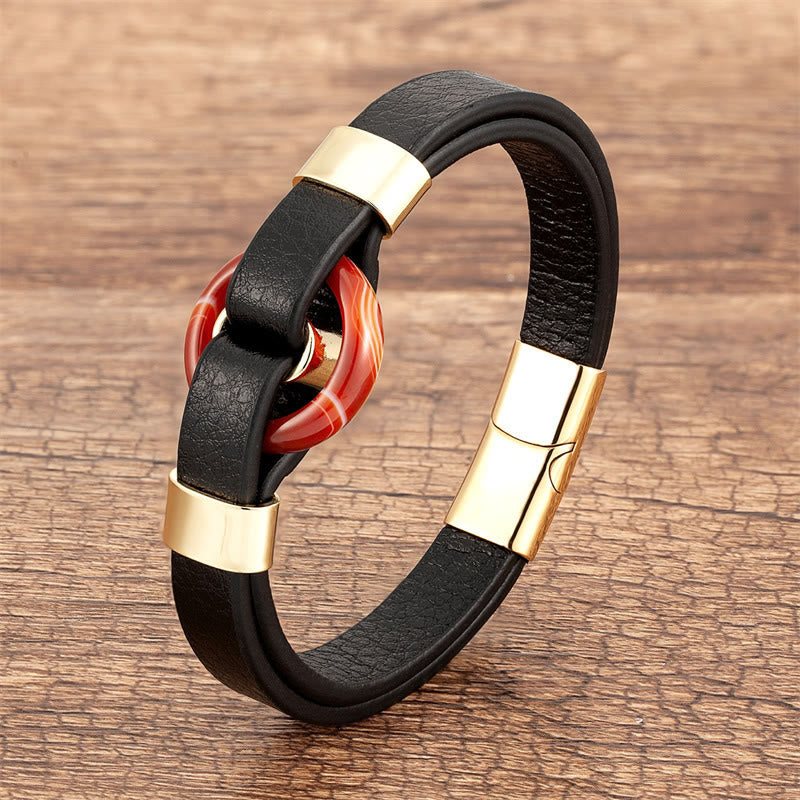 Buddhist Blessing Round Green Aventurine Black Onyx Hematite Agate Rose Quartz Stone Balance Leather Magnetic Buckle Bracelet