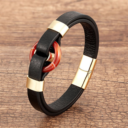 Buddhist Blessing Round Green Aventurine Black Onyx Hematite Agate Rose Quartz Stone Balance Leather Magnetic Buckle Bracelet