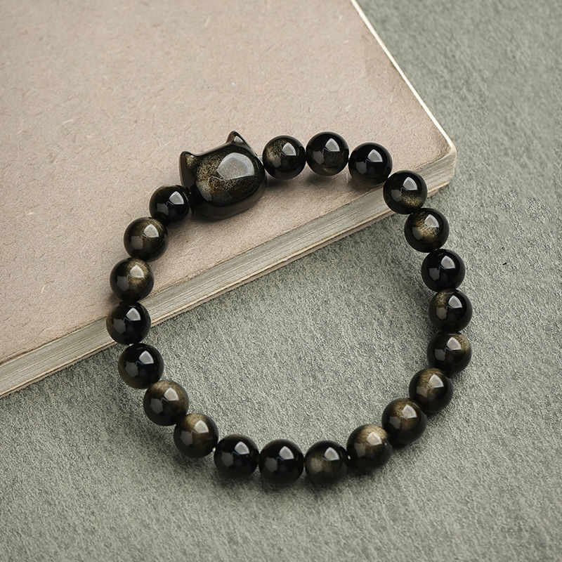 Buddhist Blessing Gold Sheen Obsidian Silver Sheen Obsidian Lovely Paw Lucky Cat Protection Bracelet