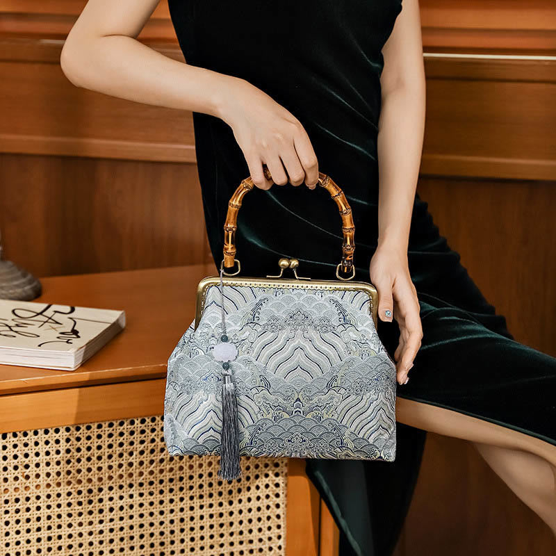 Buddhist Blessing Silver Lines Bamboo Handle Metal Chain Crossbody Bag Handbags