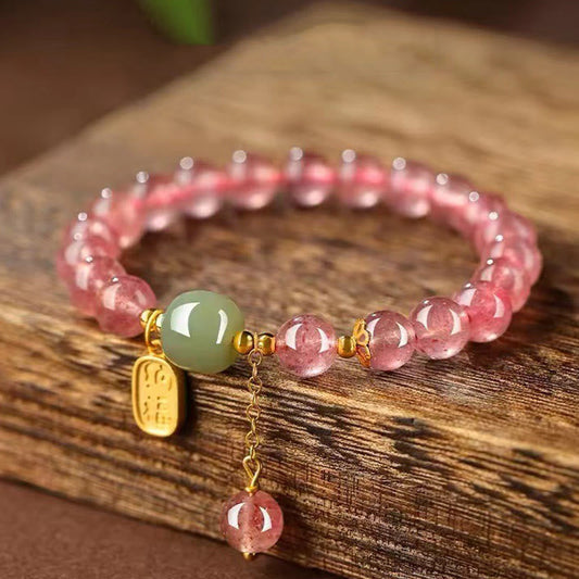 Buddhist Blessing Natural Strawberry Quartz Fu Character Jade Positive Healing Bracelet