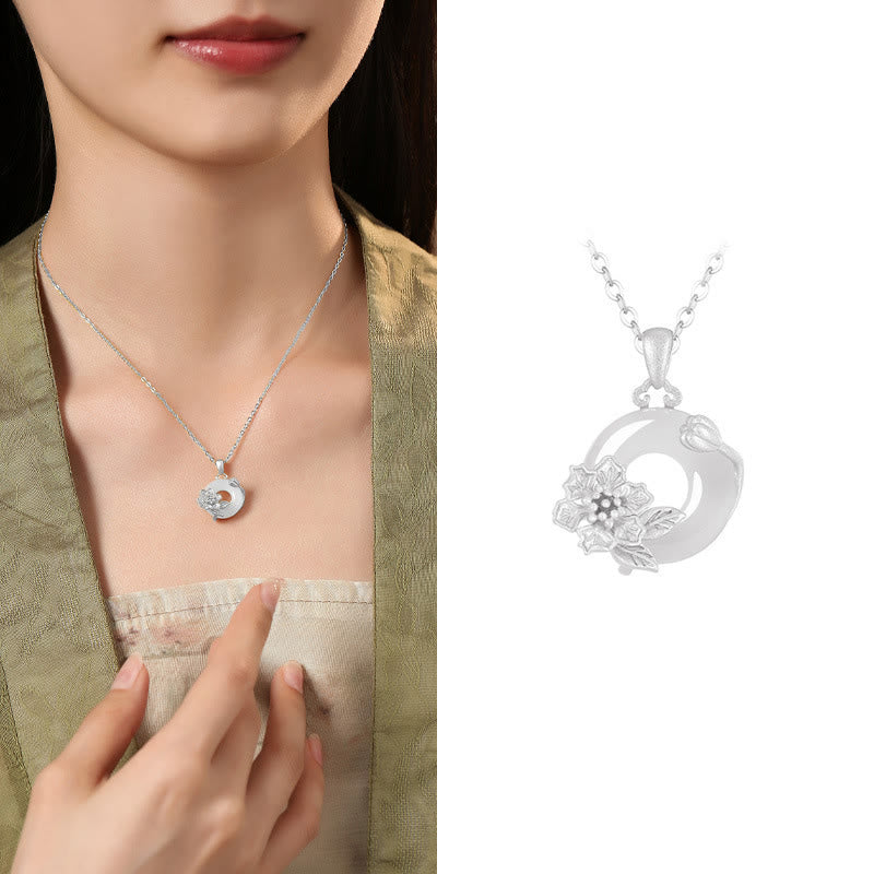 Buddhist Blessing Chalcedony 925 Sterling Silver Peace Buckle Flowers Necklace Pendant