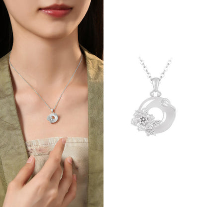 Buddhist Blessing Chalcedony 925 Sterling Silver Peace Buckle Flowers Necklace Pendant