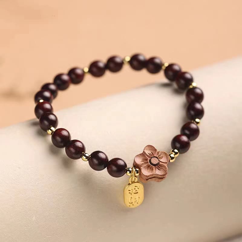 Buddhist Blessing Natural Sandalwood Peach Blossom Small Leaf Red Sandalwood Ruyi Charm Protection Bracelet