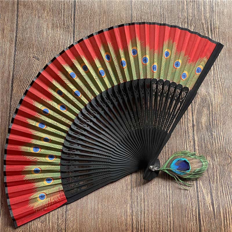 Buddhist Blessing Peacock Feather Handheld Bamboo Folding Fan 21.5cm