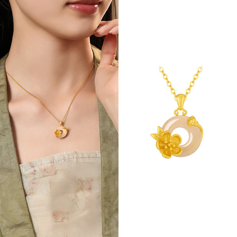 Buddhist Blessing Chalcedony 925 Sterling Silver Peace Buckle Flowers Necklace Pendant