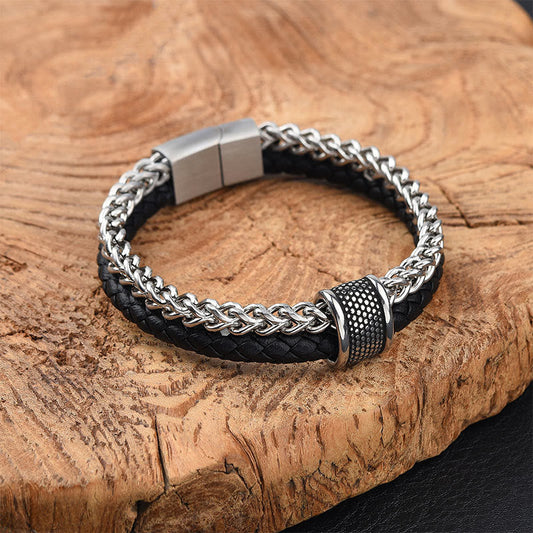 Buddhist Blessing Leather Double Layer Titanium Steel Balance Magnetic Buckle Bracelet
