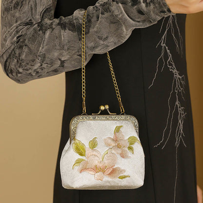 Buddhist Blessing Orchids Oriental Cherry Butterfly Embroidery Metal Handle Handbag
