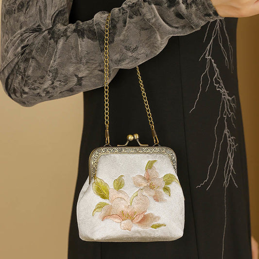 Buddhist Blessing Orchids Oriental Cherry Butterfly Embroidery Metal Handle Handbag