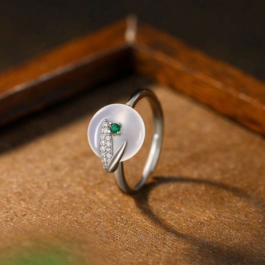Buddhist Blessing Chalcedony Bamboo Leaf Pattern Positive Adjustable Ring